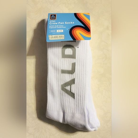 LAST PAIR! ALDI 2 Pair White Crew Fan Socks Mens 6-10 2023 CAPSULE COLLECTION - Picture 2 of 5